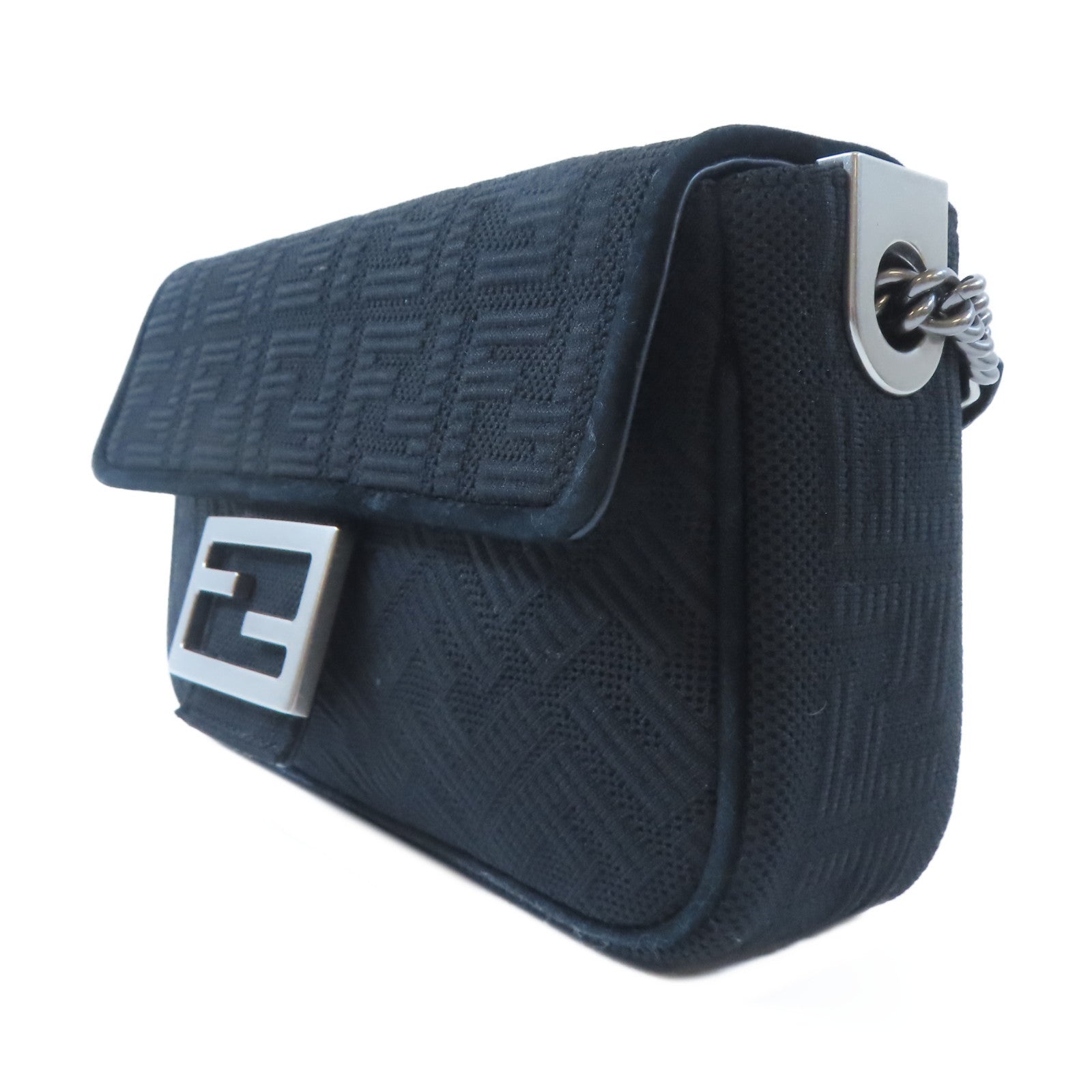 FENDI 帆布Chain Shoulder銀扣鏈帶肩背袋黑色