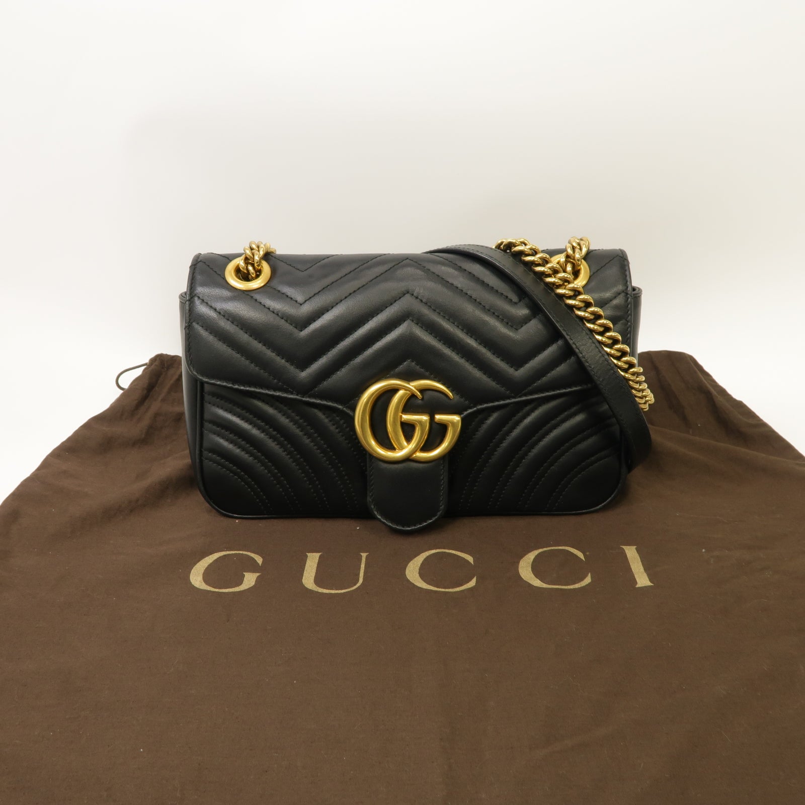 GUCCI 牛皮皮革Shoulder Bag金扣鏈帶肩背袋黒色