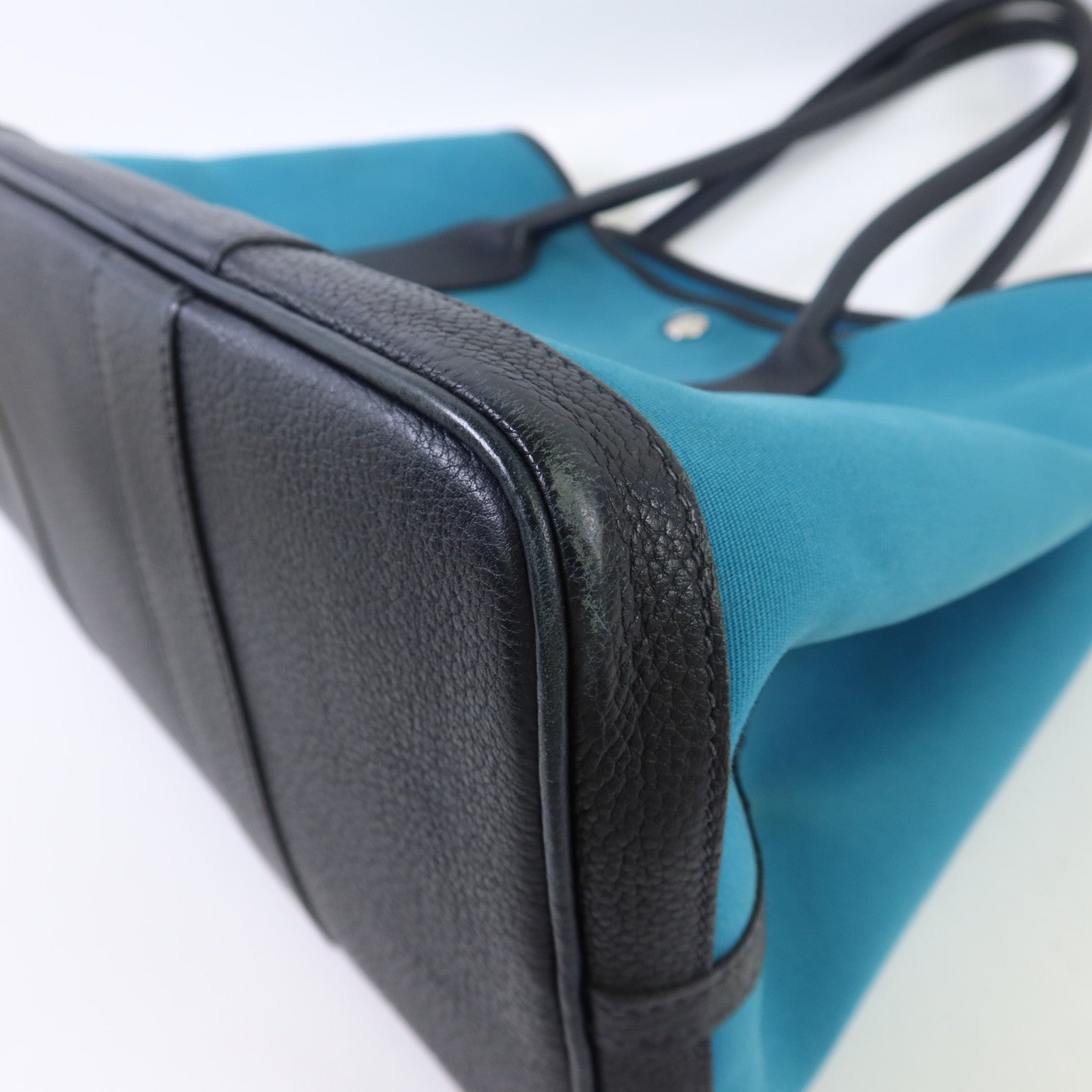 HERMES 帆布Garden Party PM銀扣手挽袋Bleu Paon