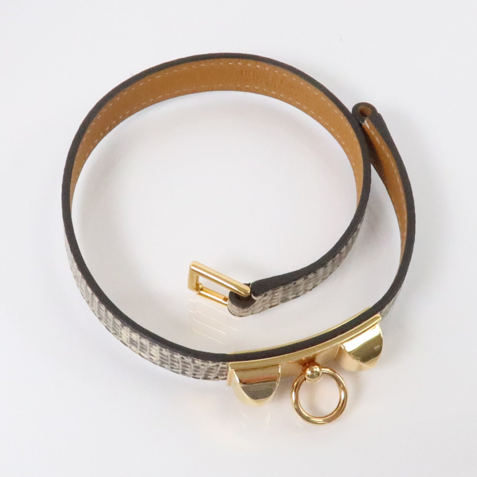 HERMES 蜥蜴皮革Rivale Double Tour Bracelet金扣手鏈Natura