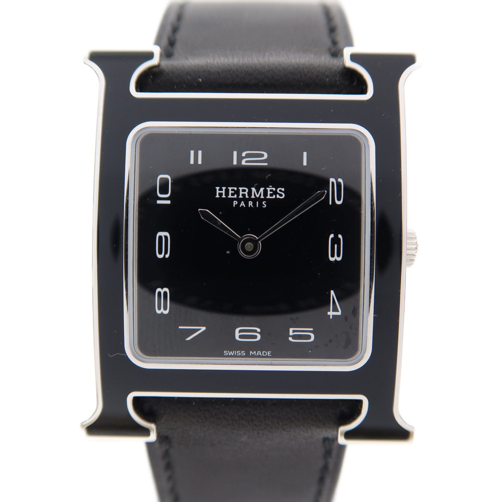 HERMES Heure H Watch不鏽鋼/皮革石英手錶黑色