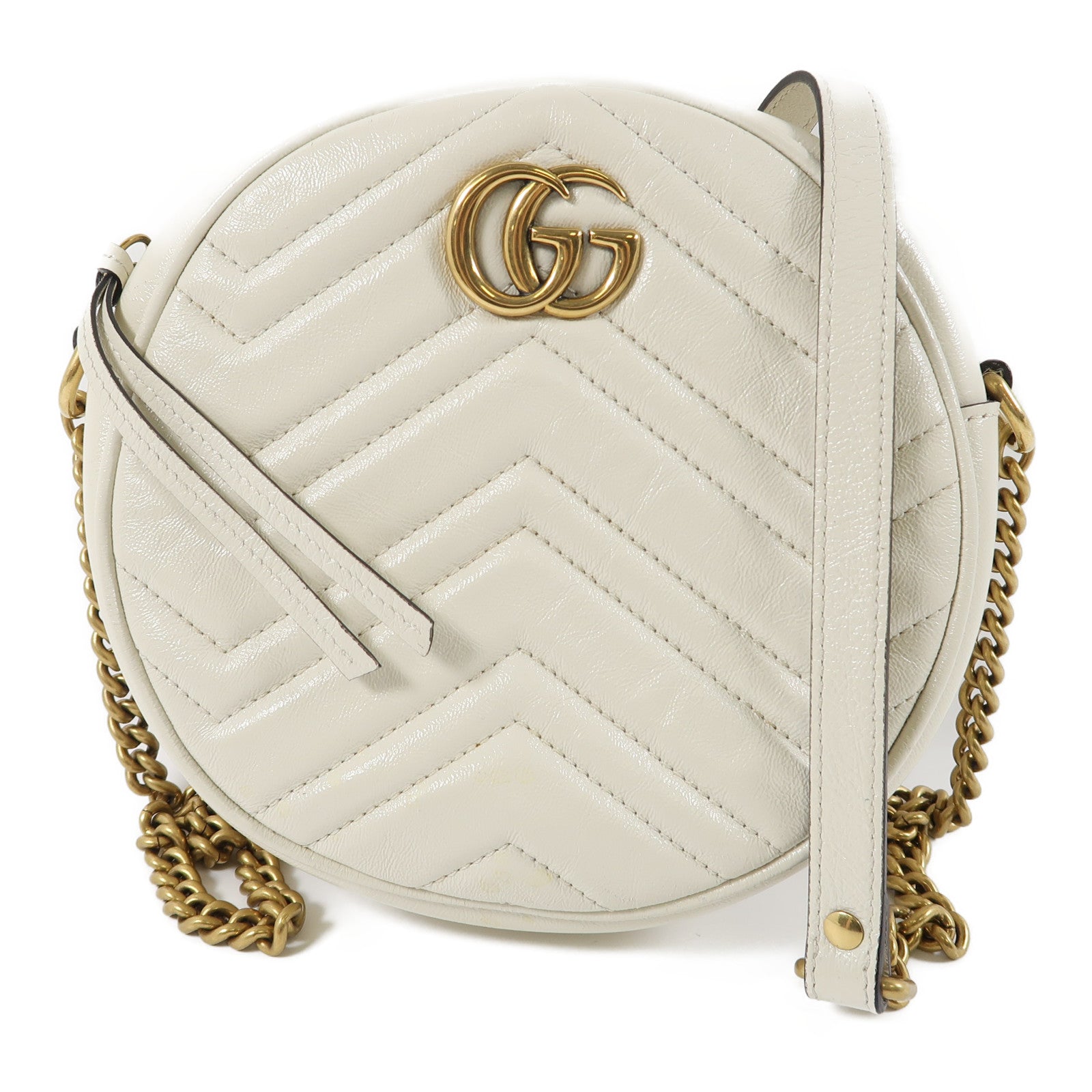 GUCCI 斜紋牛皮皮革GG Marmont Round Shoulder Bag金扣肩背袋白色