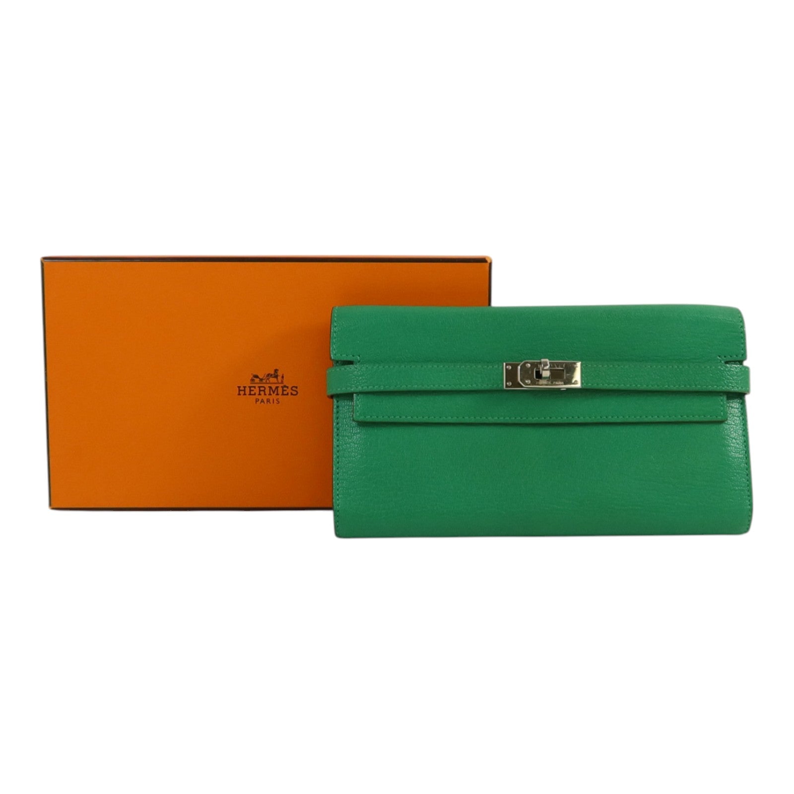 HERMES Chevre皮革Kelly wallet銀扣長錢包Menthe