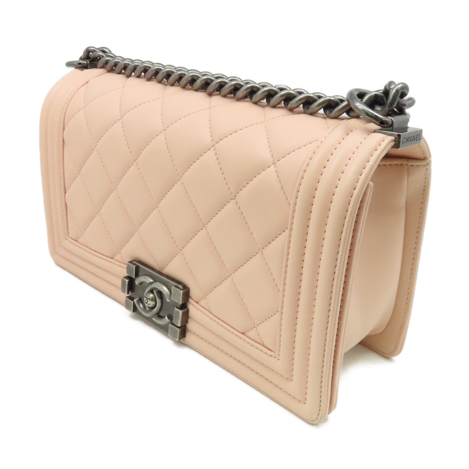 CHANEL 【激減優惠】菱格羊皮皮革Boy Chanel Cain Shoulder Bag銀扣鏈帶肩背袋粉紅色