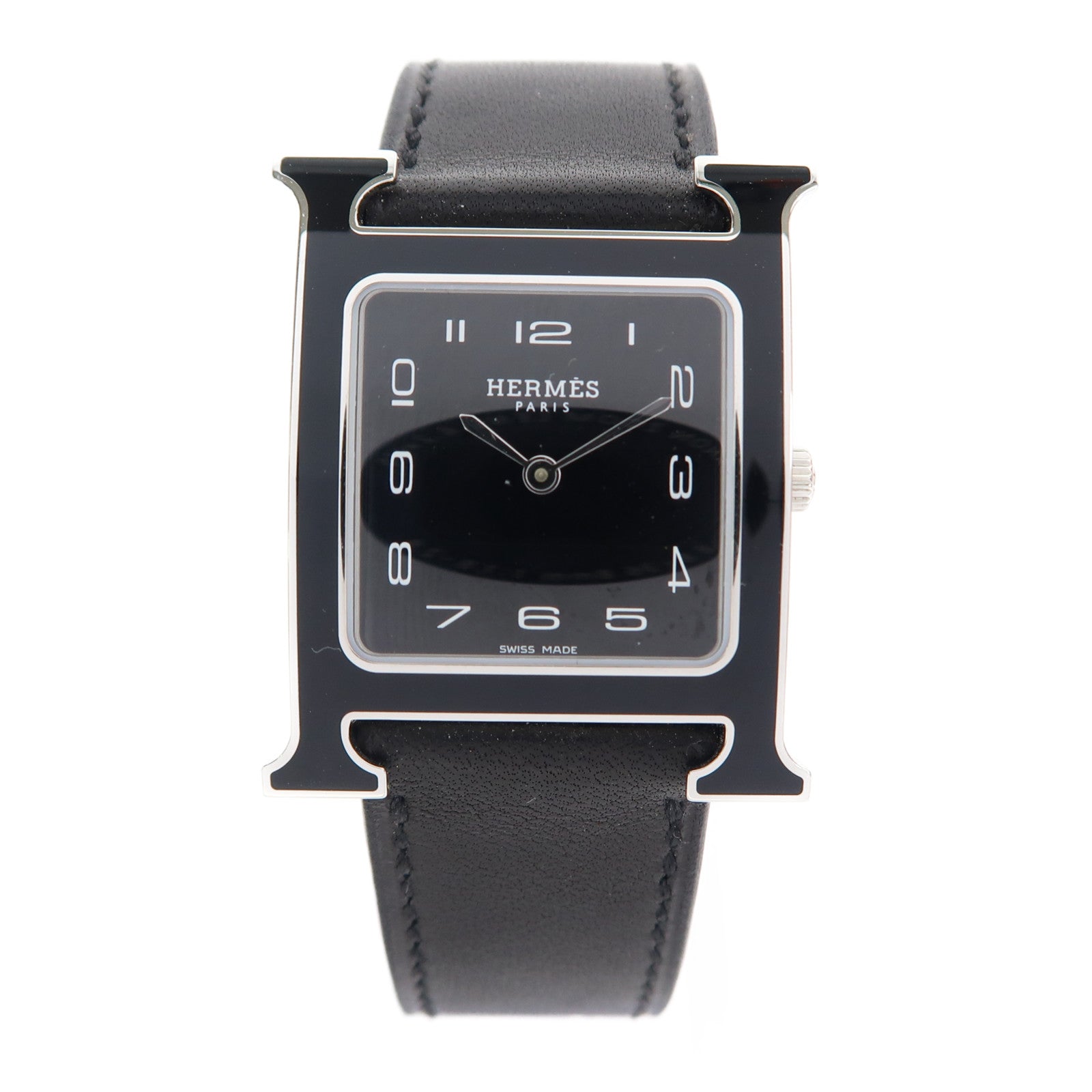 HERMES Heure H Watch不鏽鋼/皮革石英手錶黑色