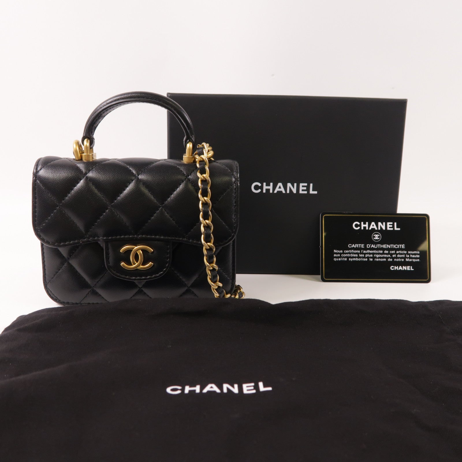 CHANEL 羊皮皮革Handle Mini Bag金扣鏈帶手挽肩背兩用袋