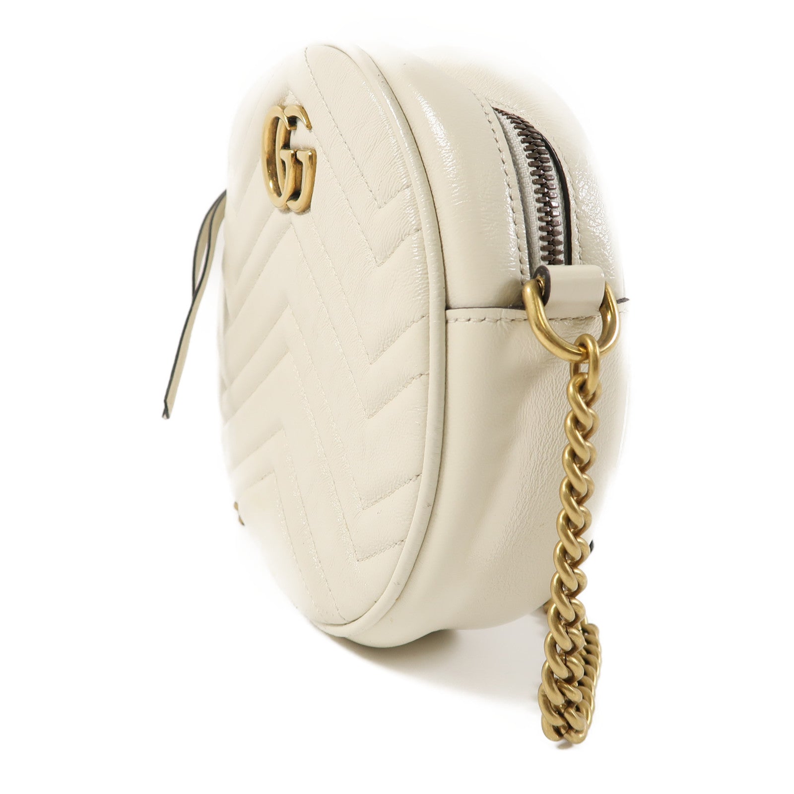 GUCCI 斜紋牛皮皮革GG Marmont Round Shoulder Bag金扣肩背袋白色