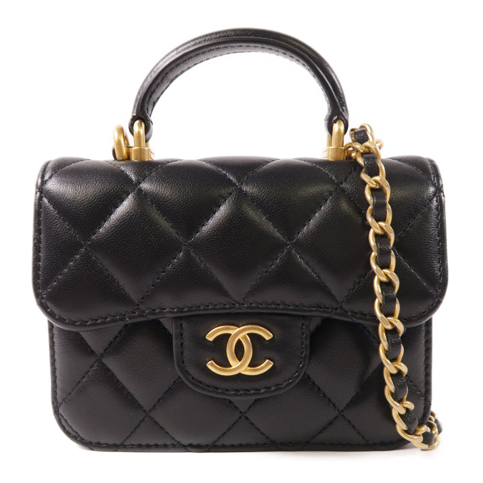 CHANEL 羊皮皮革Handle Mini Bag金扣鏈帶手挽肩背兩用袋