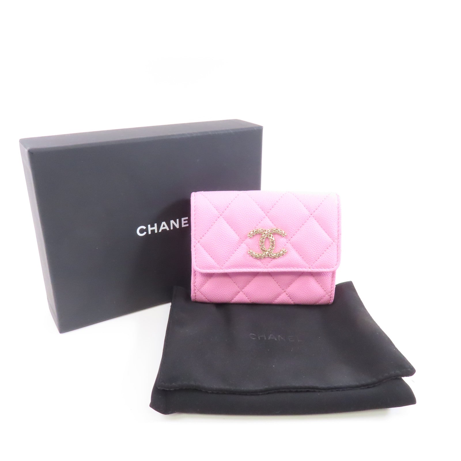 CHANEL 菱格Caviar皮革Card Case金扣卡片套粉紅色
