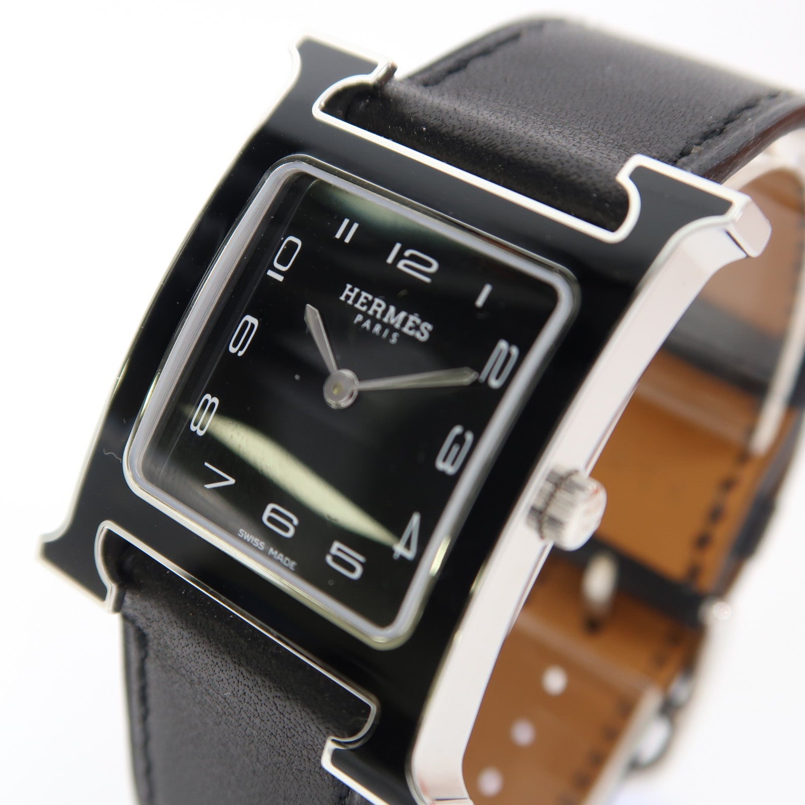 HERMES Heure H Watch不鏽鋼/皮革石英手錶黑色