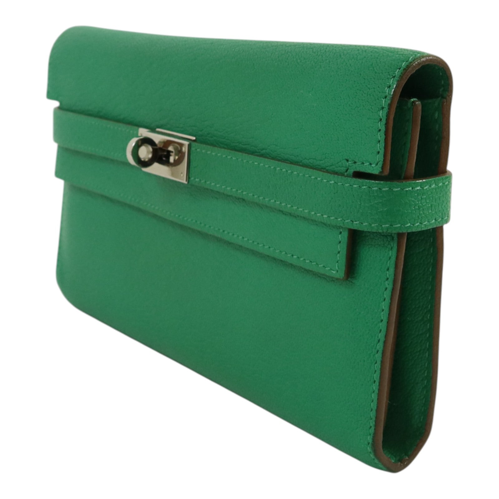 HERMES Chevre皮革Kelly wallet銀扣長錢包Menthe