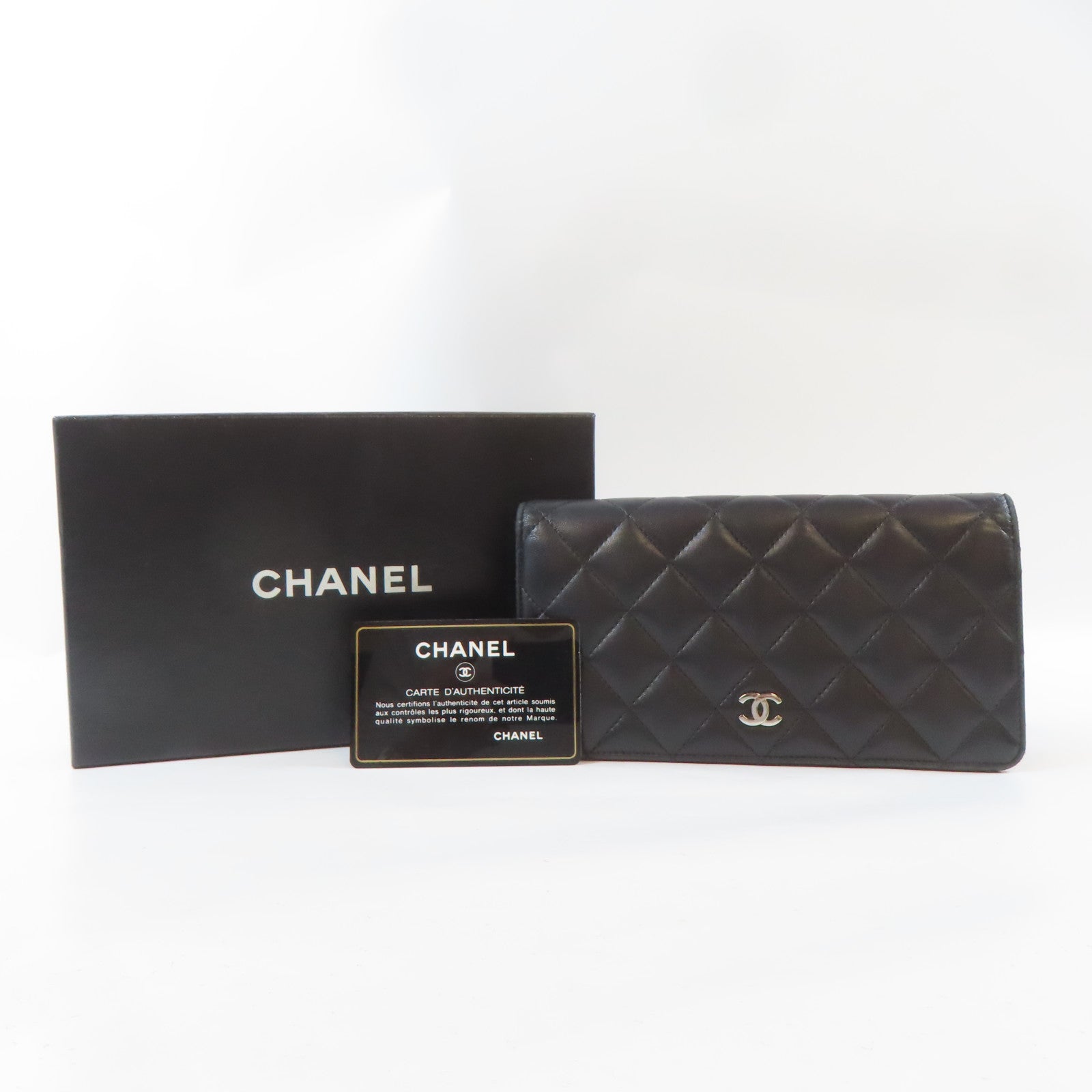 CHANEL 菱格羊皮皮革Long Wallet銀扣長錢包黑色