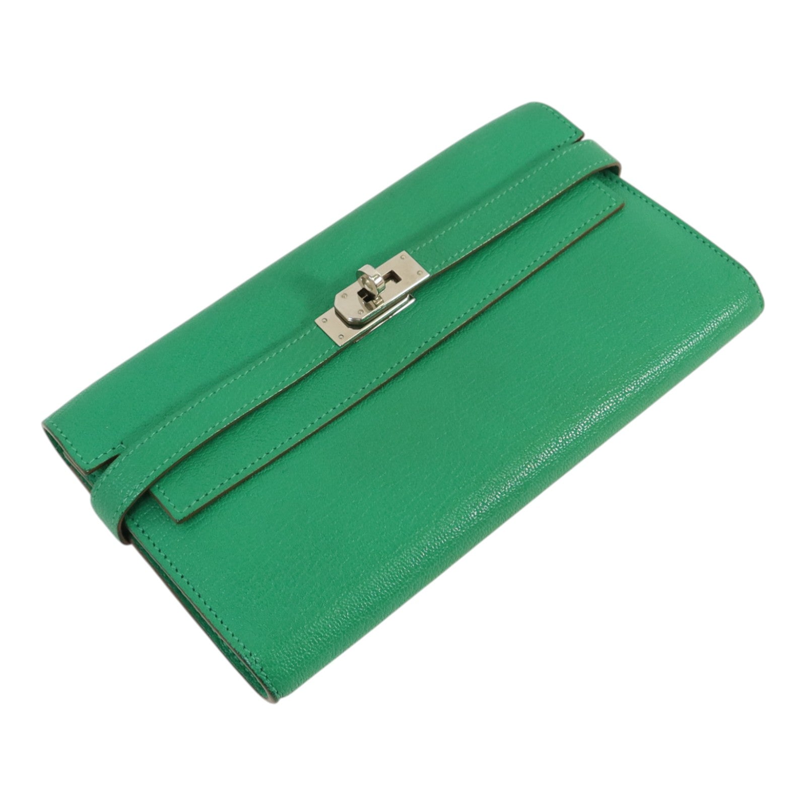 HERMES Chevre皮革Kelly wallet銀扣長錢包Menthe