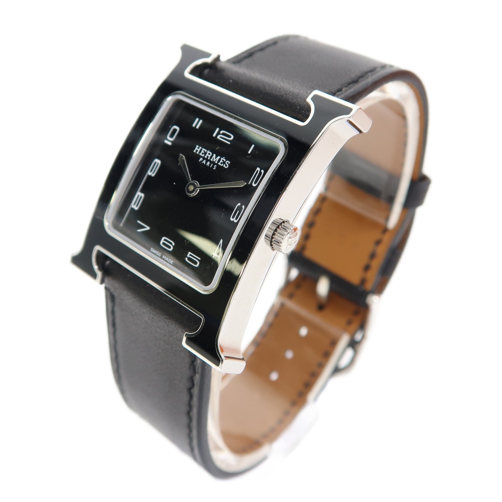 HERMES Heure H Watch不鏽鋼/皮革石英手錶黑色