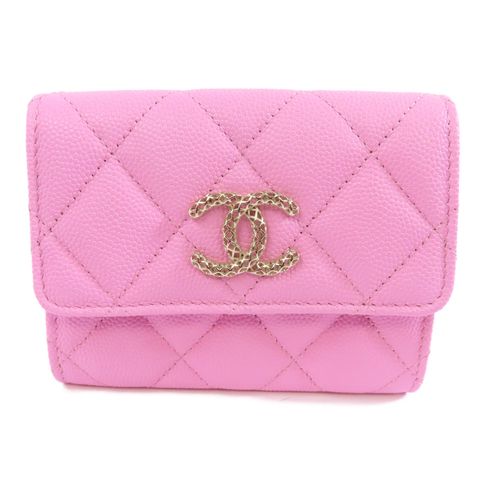 CHANEL 菱格Caviar皮革Card Case金扣卡片套粉紅色