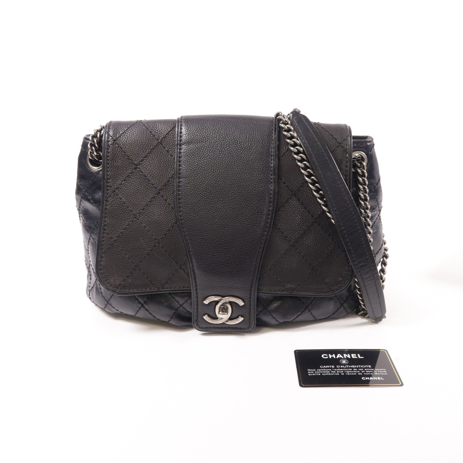 CHANEL CC SHW Shoulder Bag Chain Calfskin Leather Black