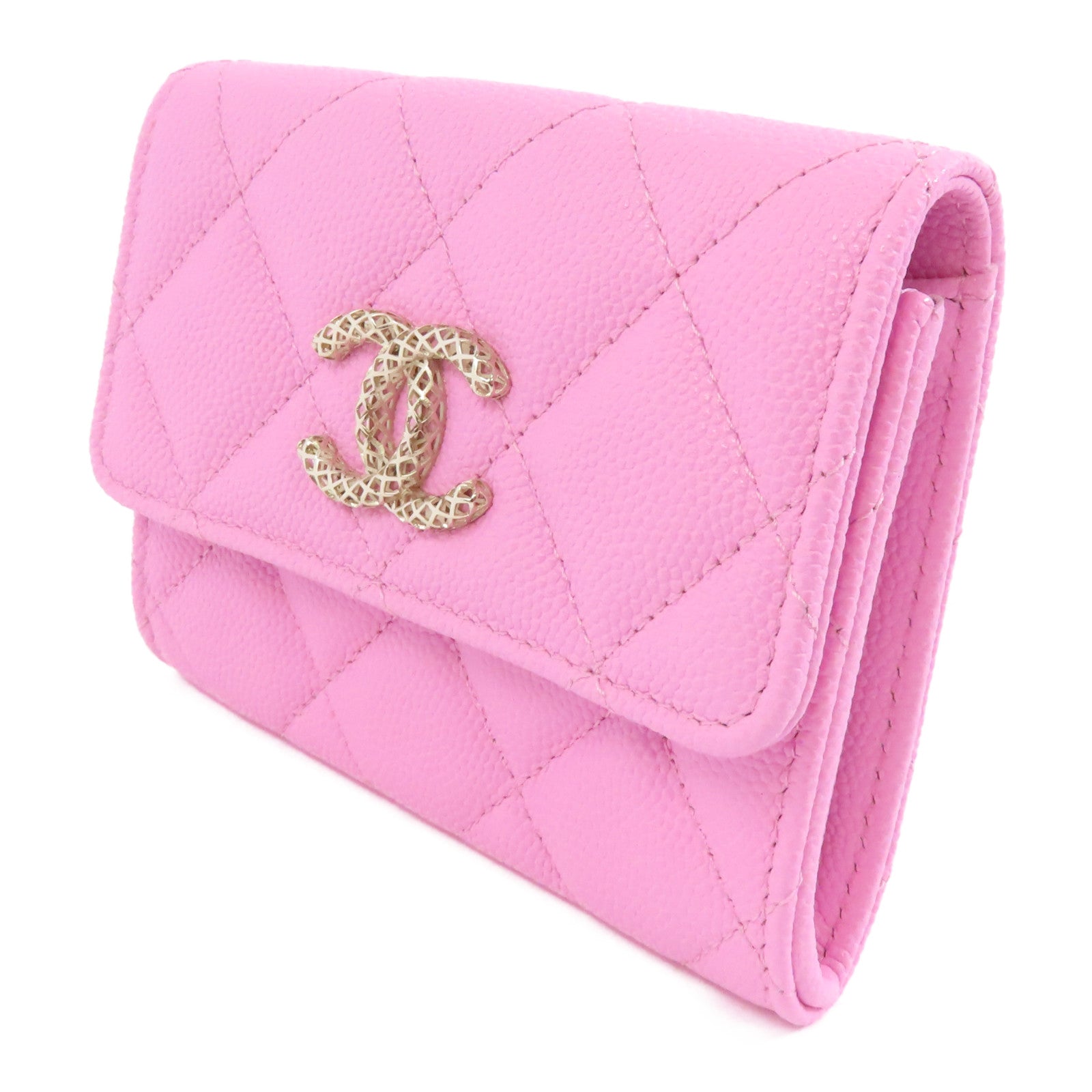 CHANEL 菱格Caviar皮革Card Case金扣卡片套粉紅色