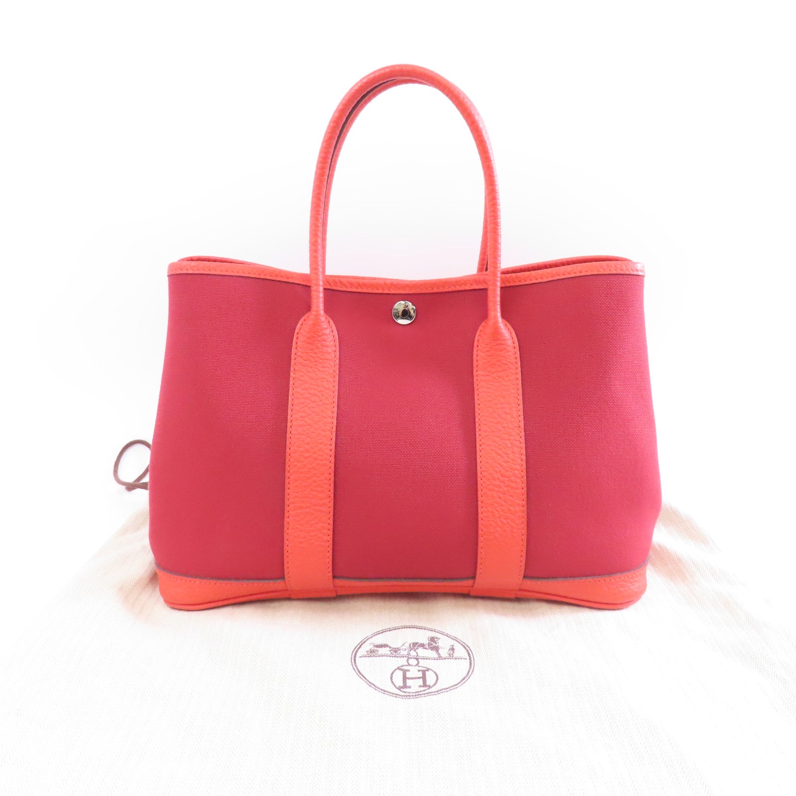 HERMES 帆布Garden Party TPM銀扣手挽袋Rouge Tomate/紅色