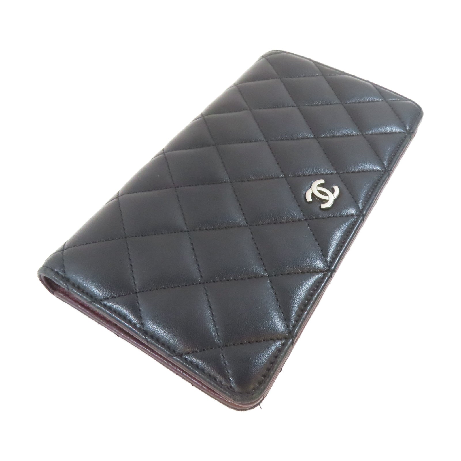 CHANEL 菱格羊皮皮革Long Wallet銀扣長錢包黑色
