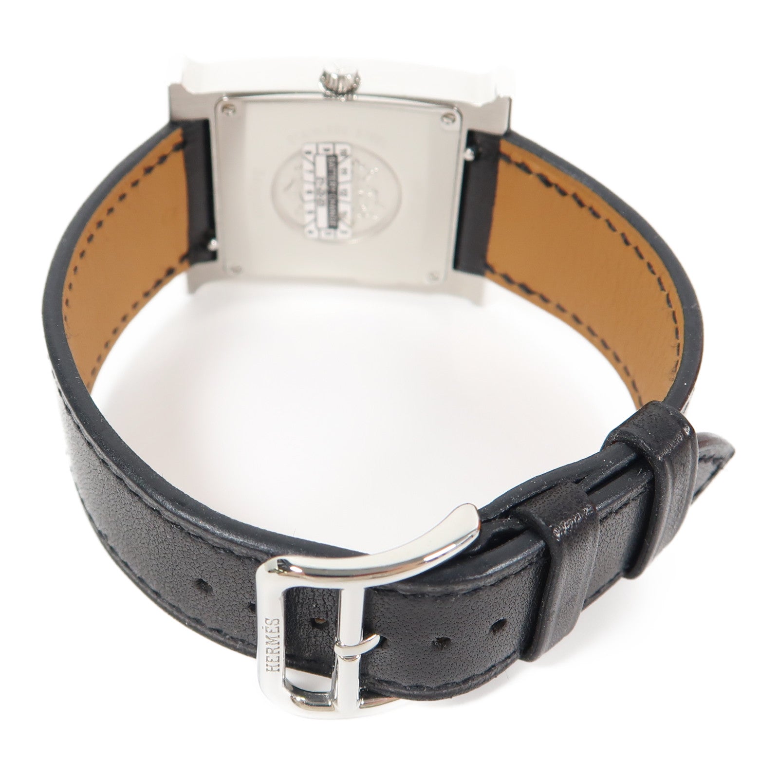 HERMES Heure H Watch不鏽鋼/皮革石英手錶黑色