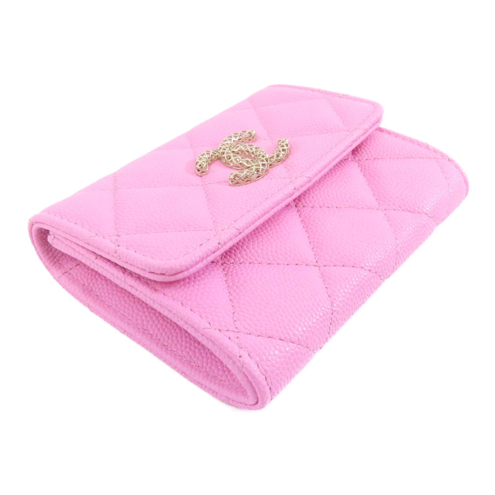 CHANEL 菱格Caviar皮革Card Case金扣卡片套粉紅色