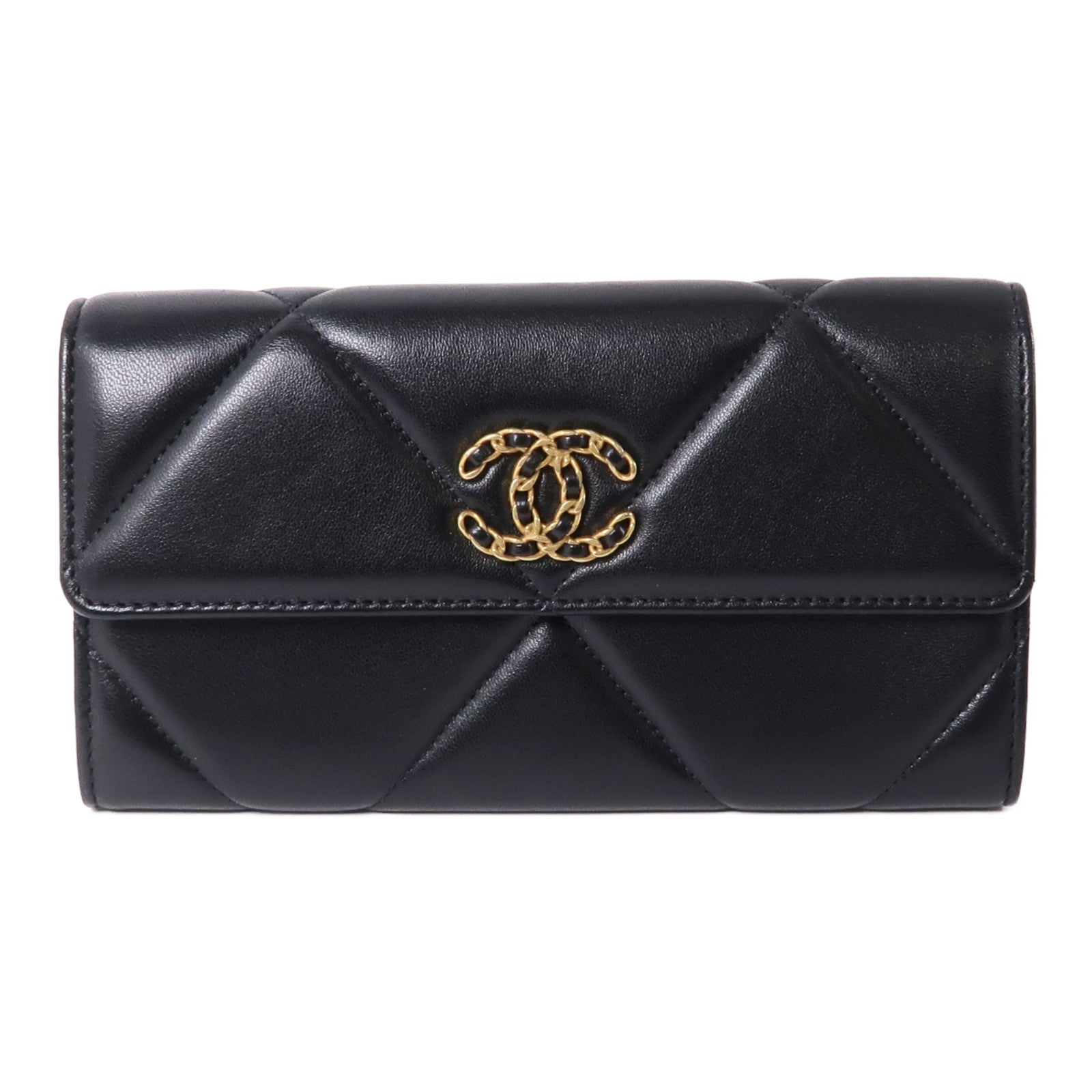 CHANEL 羊皮皮革C19 Long Wallet金扣長錢包黑色