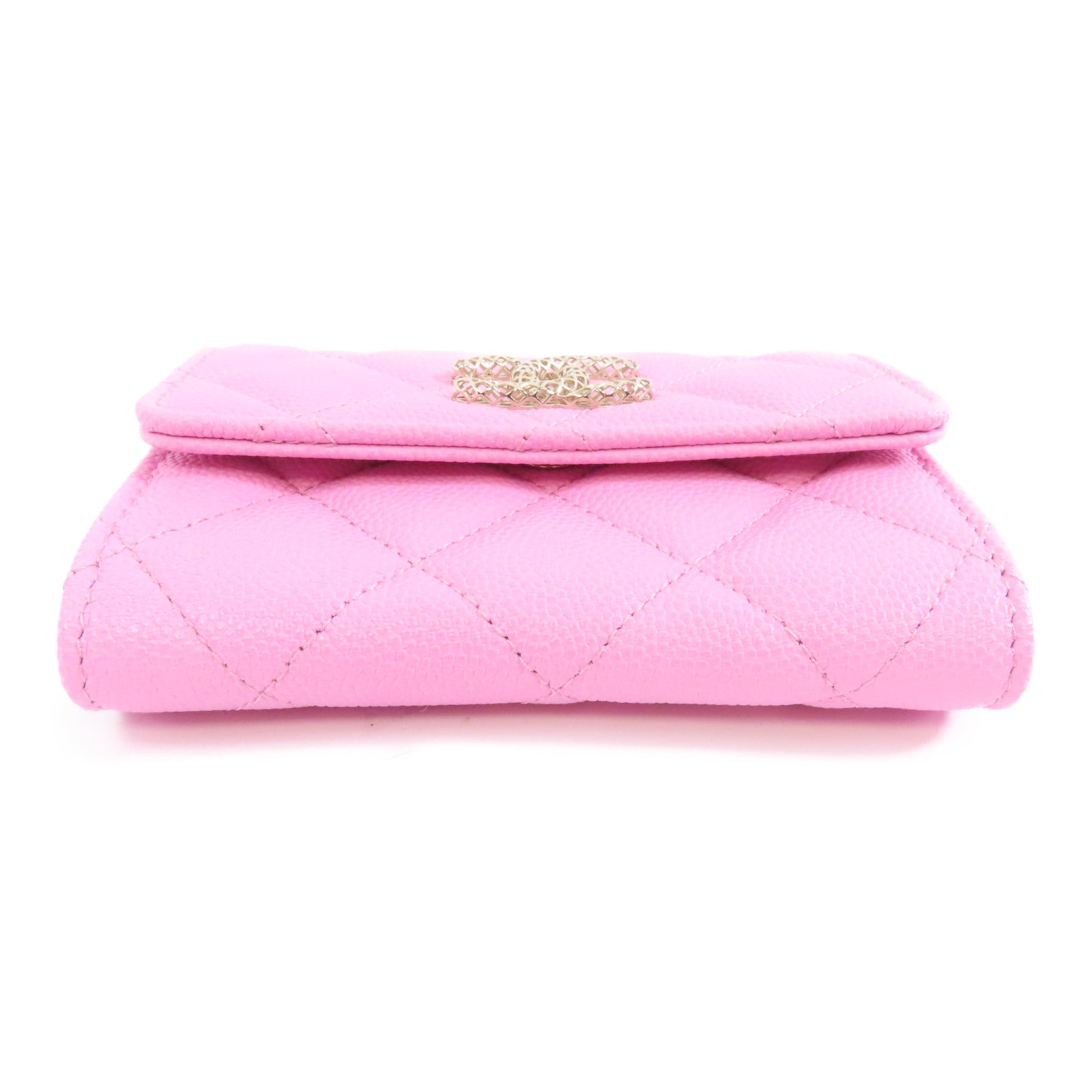 CHANEL 菱格Caviar皮革Card Case金扣卡片套粉紅色