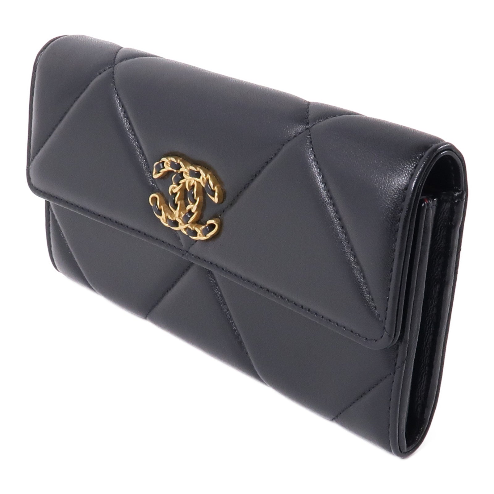 CHANEL 羊皮皮革C19 Long Wallet金扣長錢包黑色