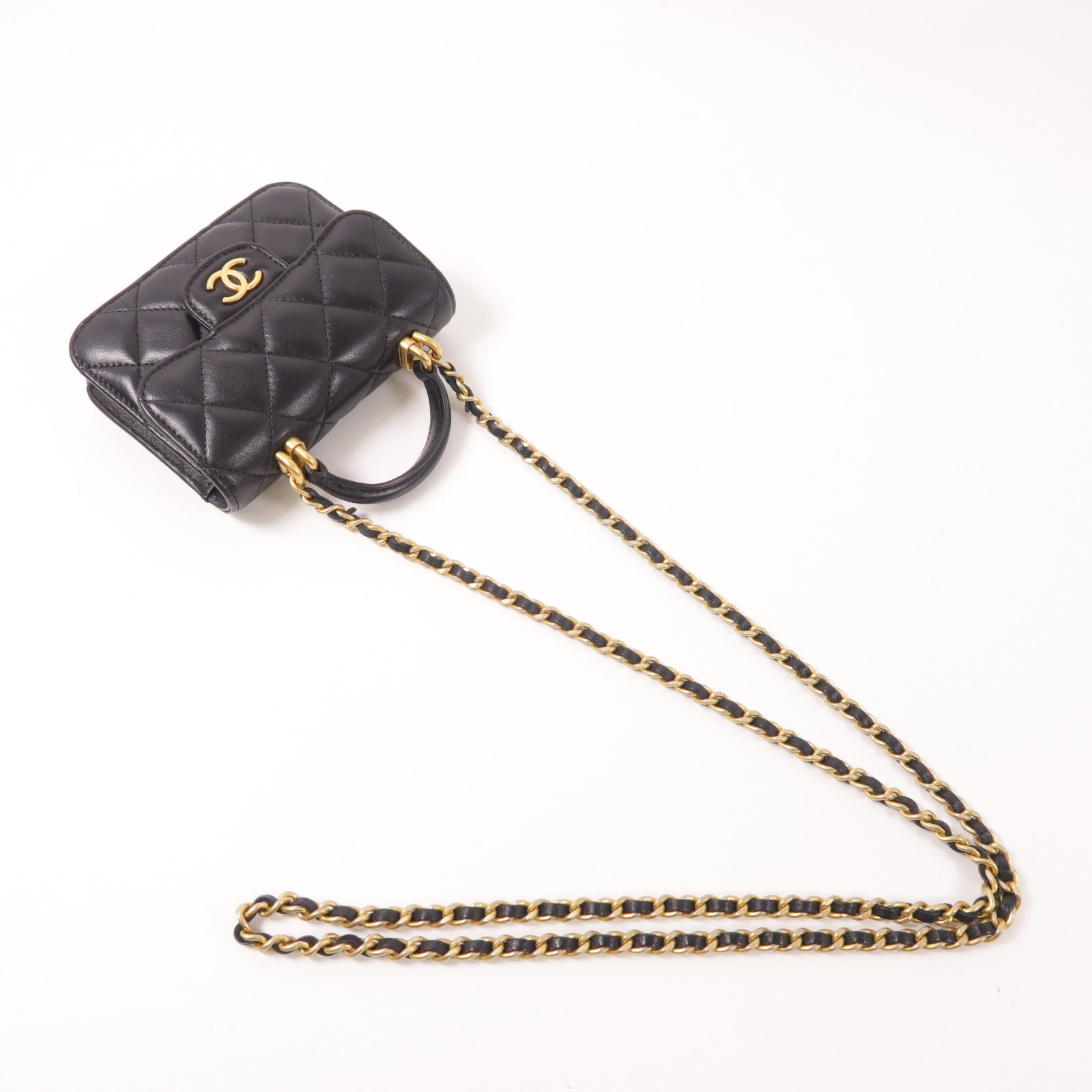CHANEL 羊皮皮革Handle Mini Bag金扣鏈帶手挽肩背兩用袋