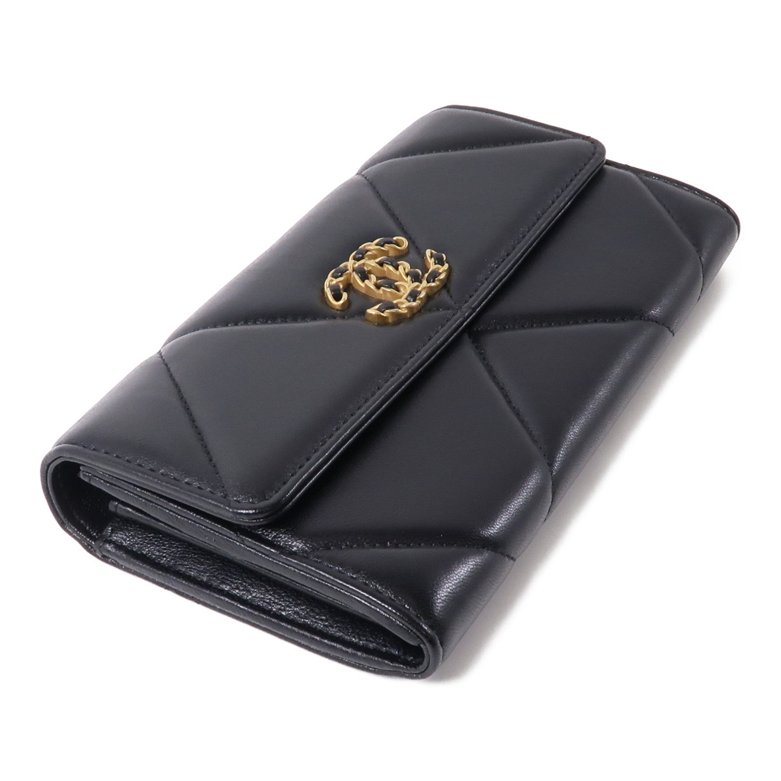 CHANEL 羊皮皮革C19 Long Wallet金扣長錢包黑色