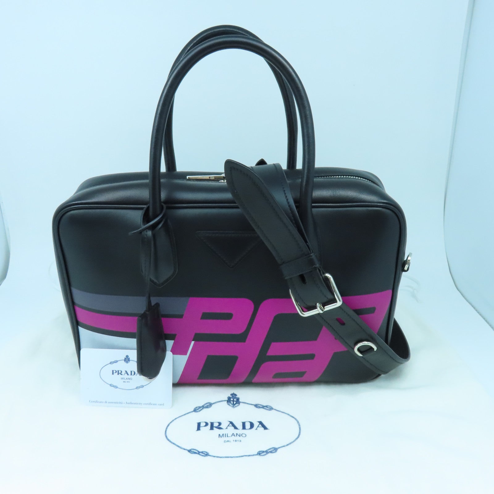 PRADA cowhide leather 2Way Bag silver buckle handle shoulder bag black