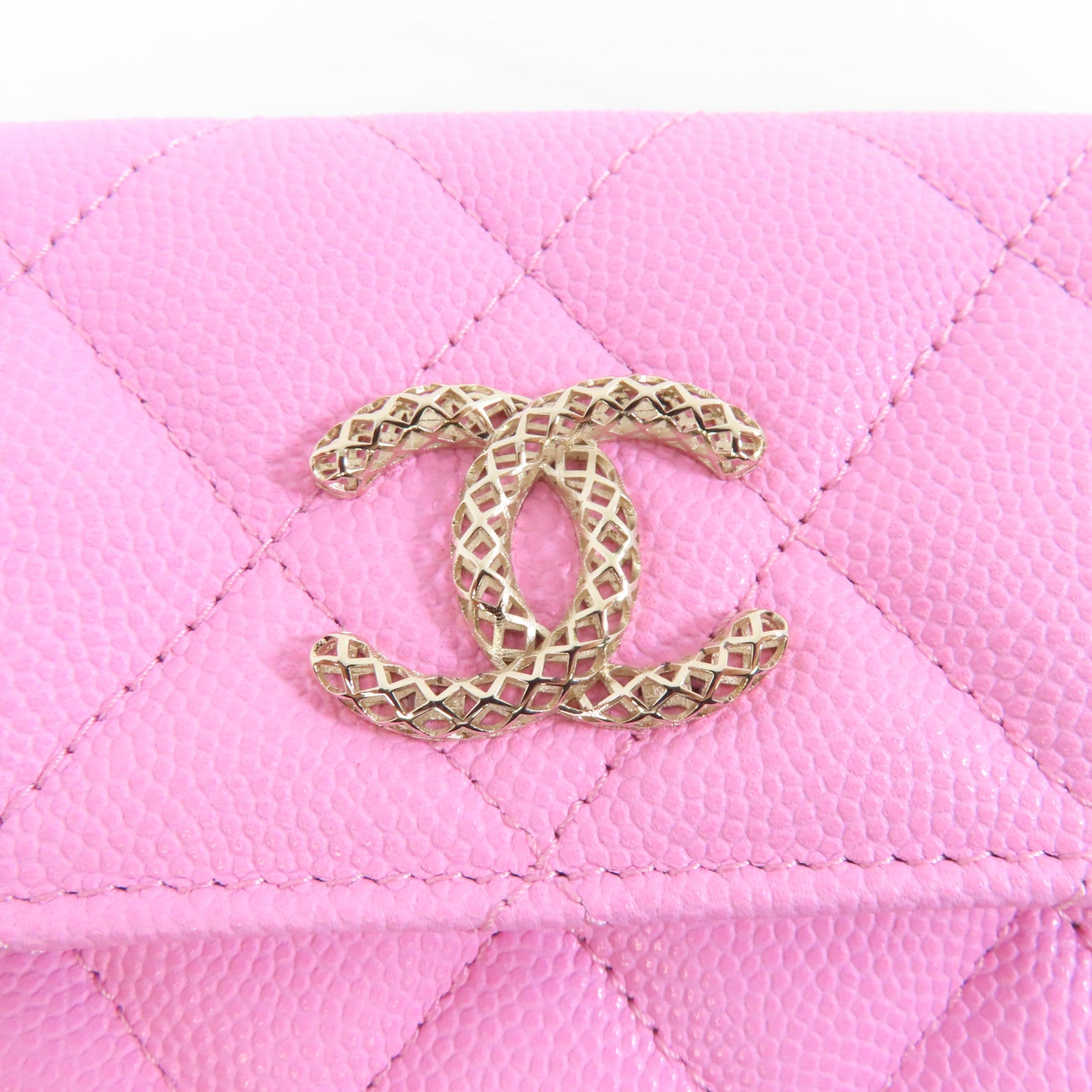 CHANEL 菱格Caviar皮革Card Case金扣卡片套粉紅色