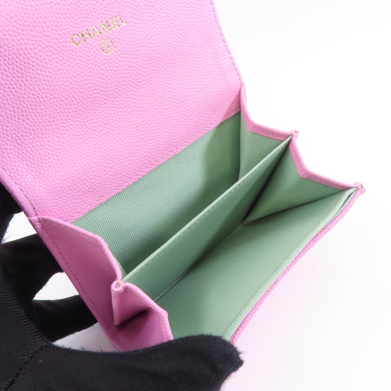 CHANEL 菱格Caviar皮革Card Case金扣卡片套粉紅色