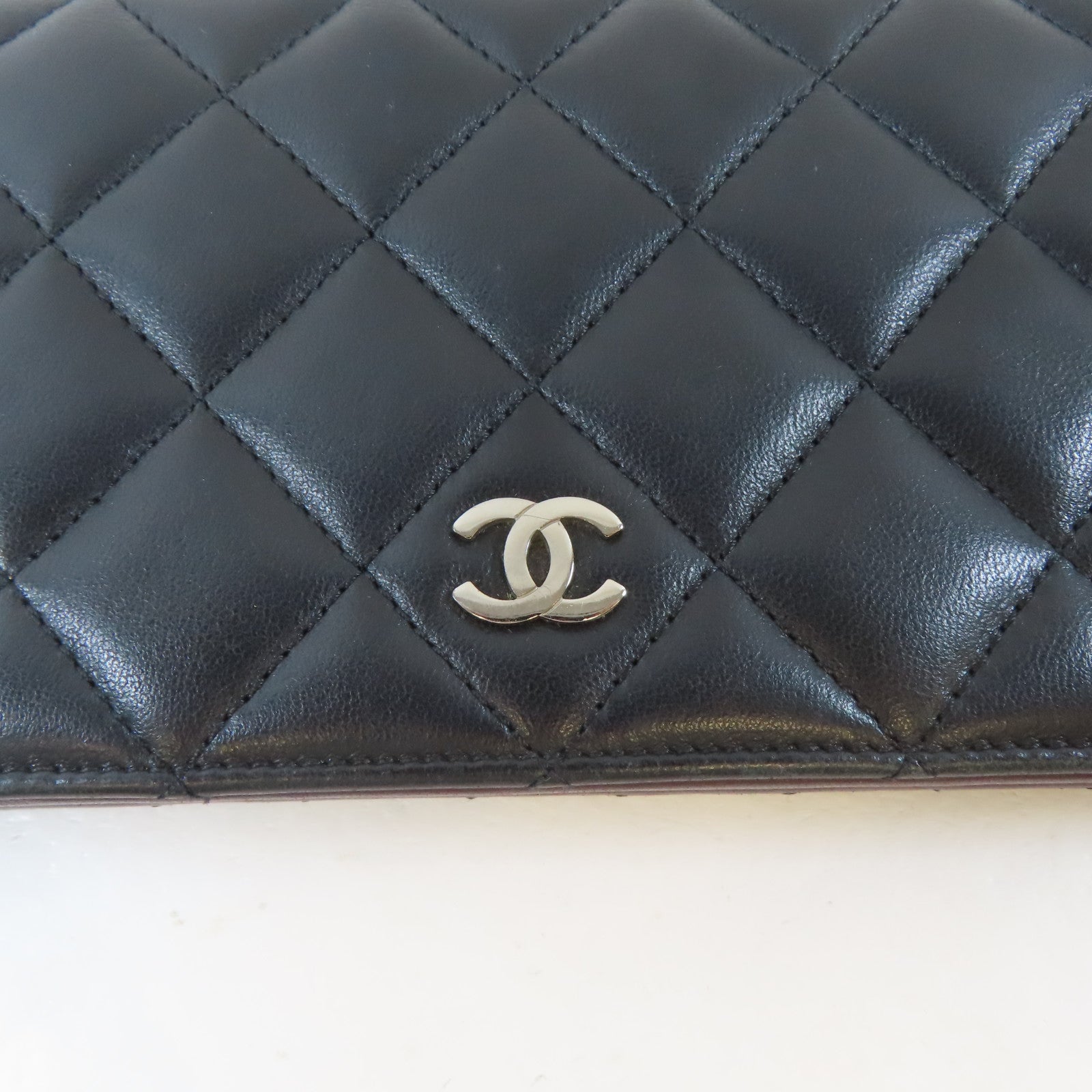 CHANEL 菱格羊皮皮革Long Wallet銀扣長錢包黑色