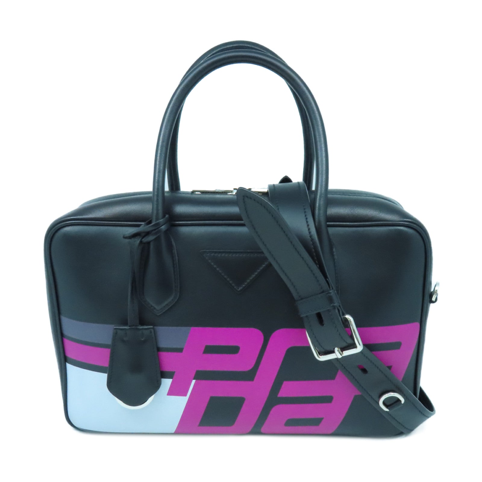 PRADA cowhide leather 2Way Bag silver buckle handle shoulder bag black