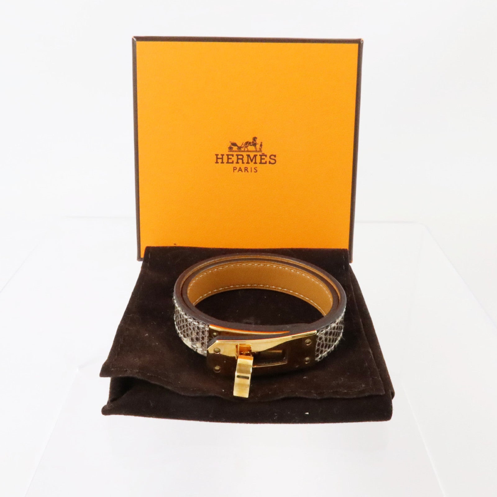HERMES 蜥蜴皮革Kelly Double Tour Bracelet金扣手鏈Natura