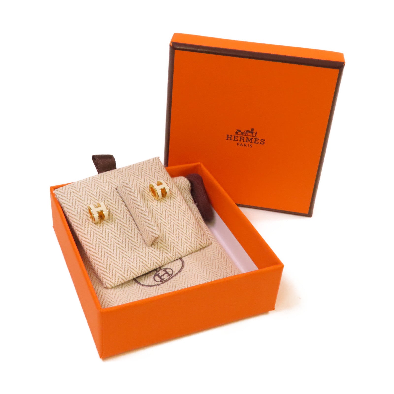HERMES 金屬/琺瑯Mini Pop H Earrings白色