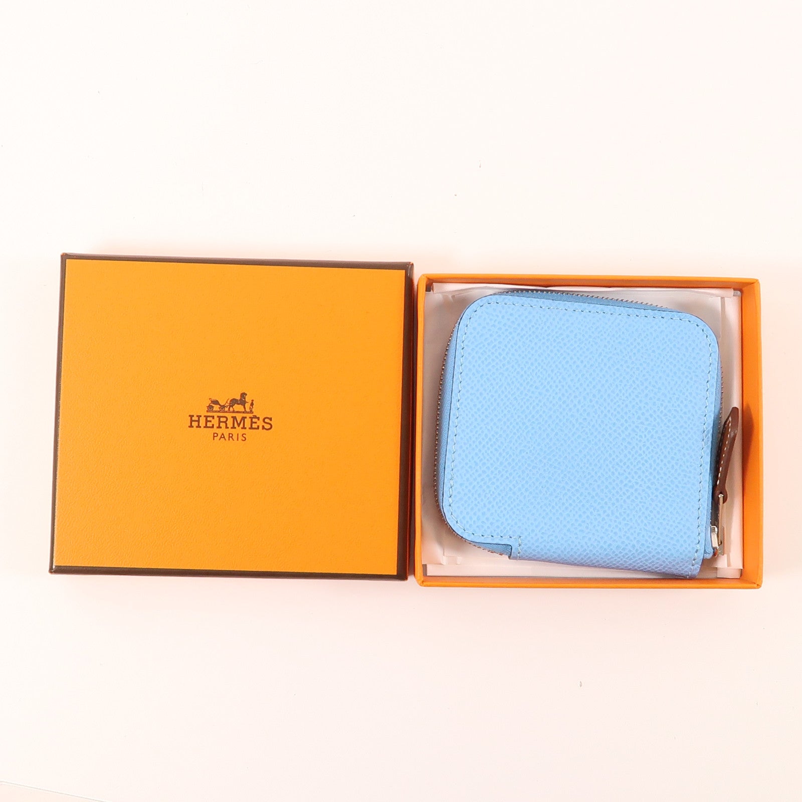 HERMES 【激減優惠】Epsom皮革Silk In Change Purse銀扣零錢包Bleu Celeste