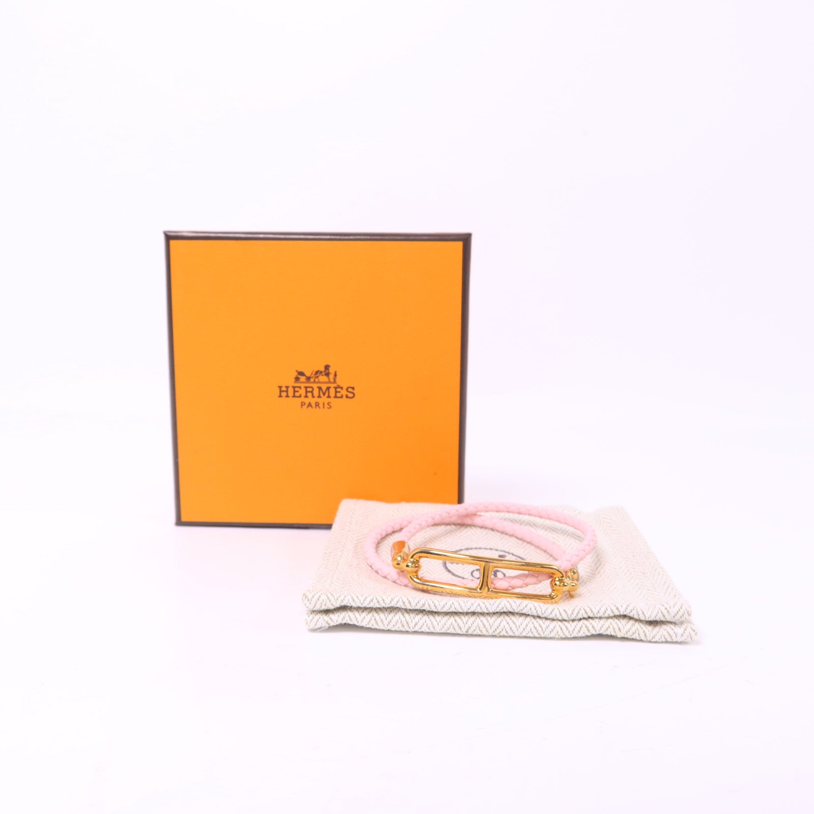 HERMES Swift皮革Roulis Double Tour Bracelet金扣手鐲Rose Sakura