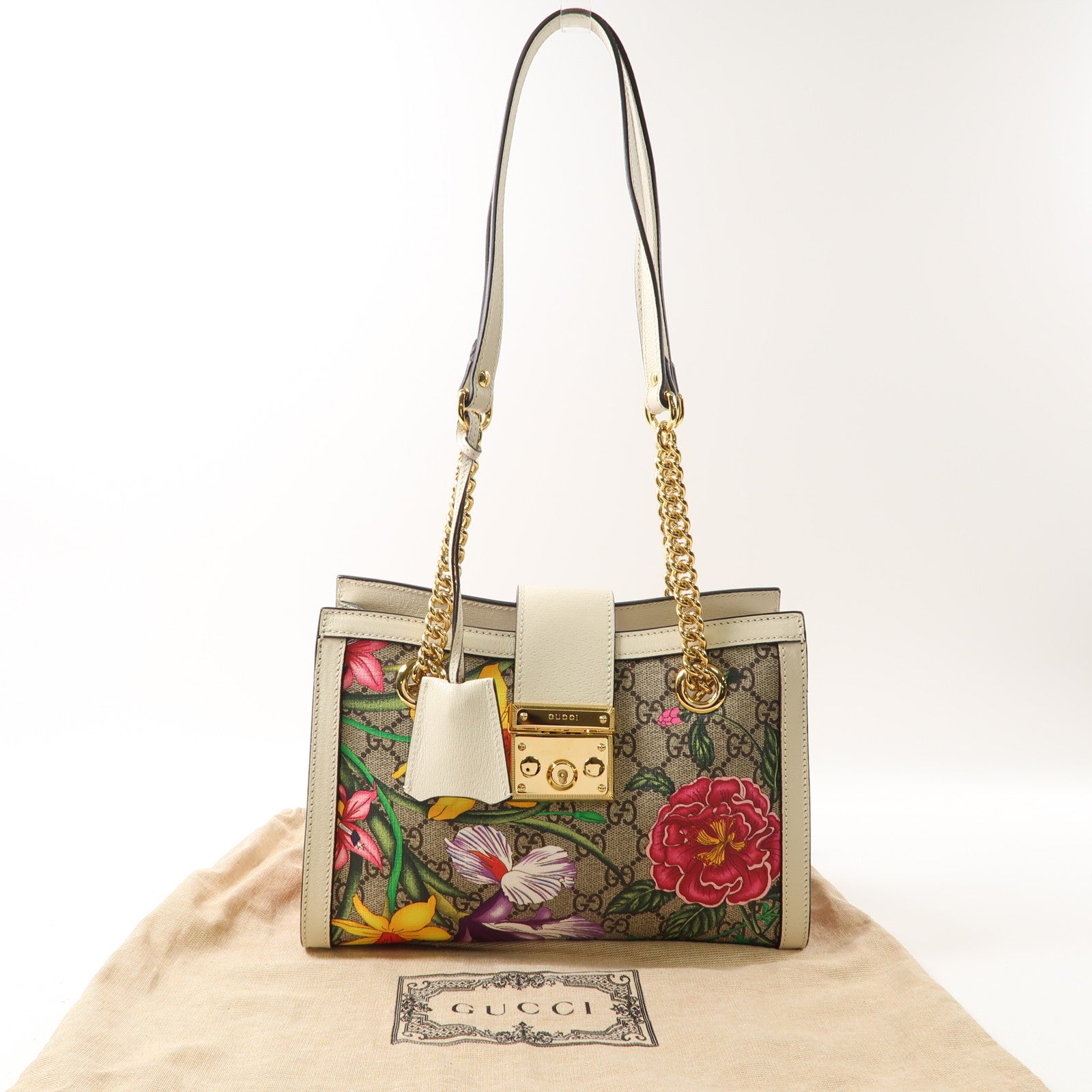 GUCCI 塗層帆布Shoulder Bag金扣肩背袋啡色/白色/彩色