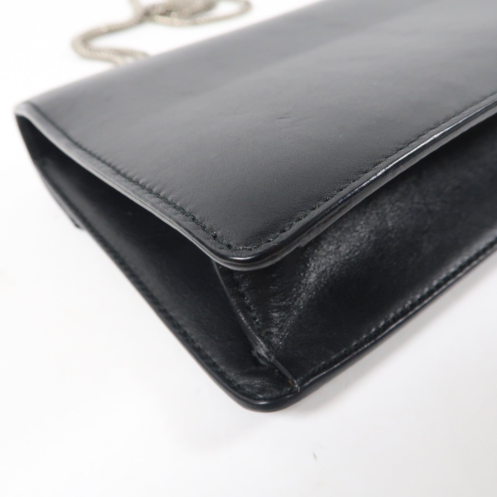 SAINT LAURENT 牛皮皮革Shoulder Bag銀扣鏈帶肩背袋黑色