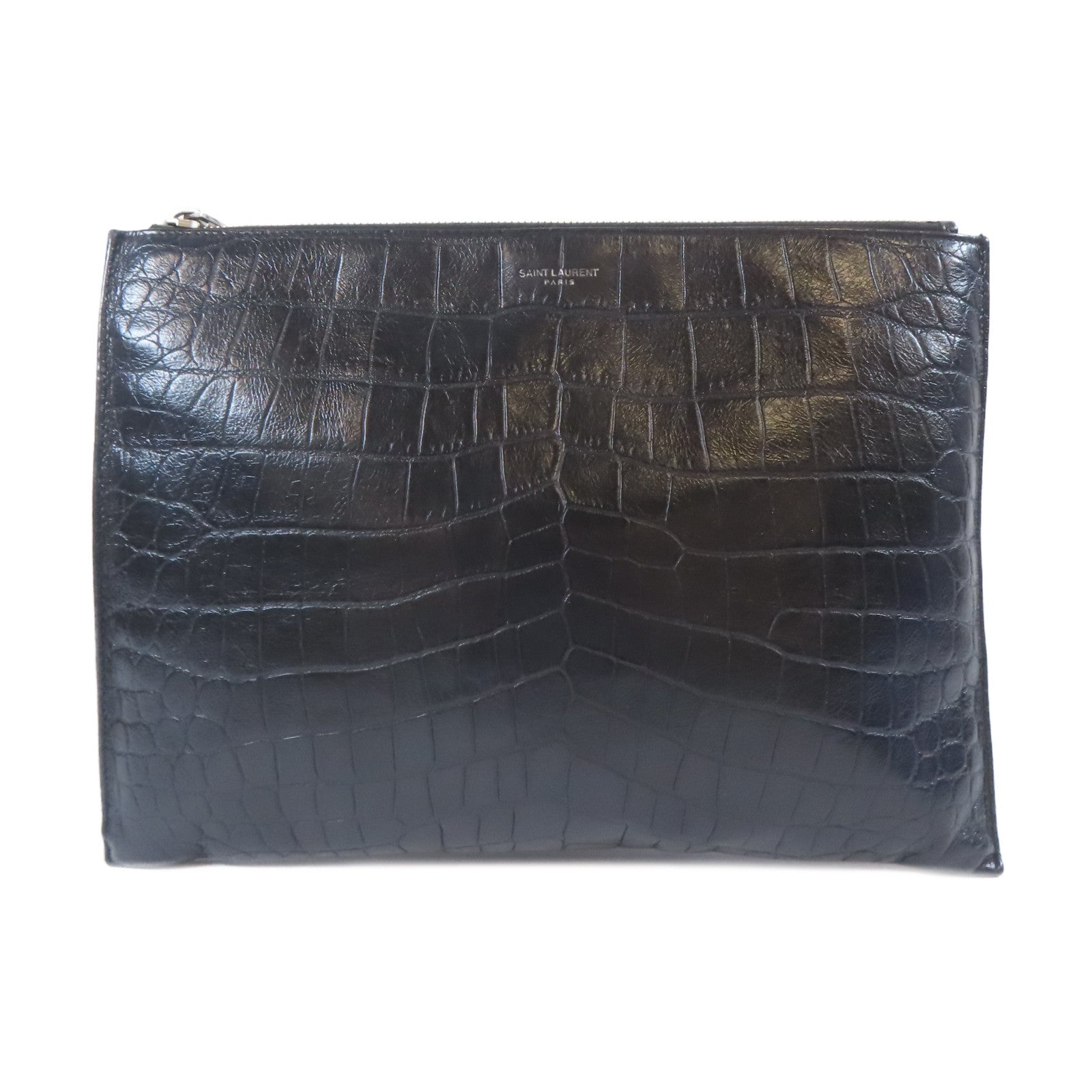 YVES SAINT LAURENT 皮革Clutch Bag銀扣手拿包黑色