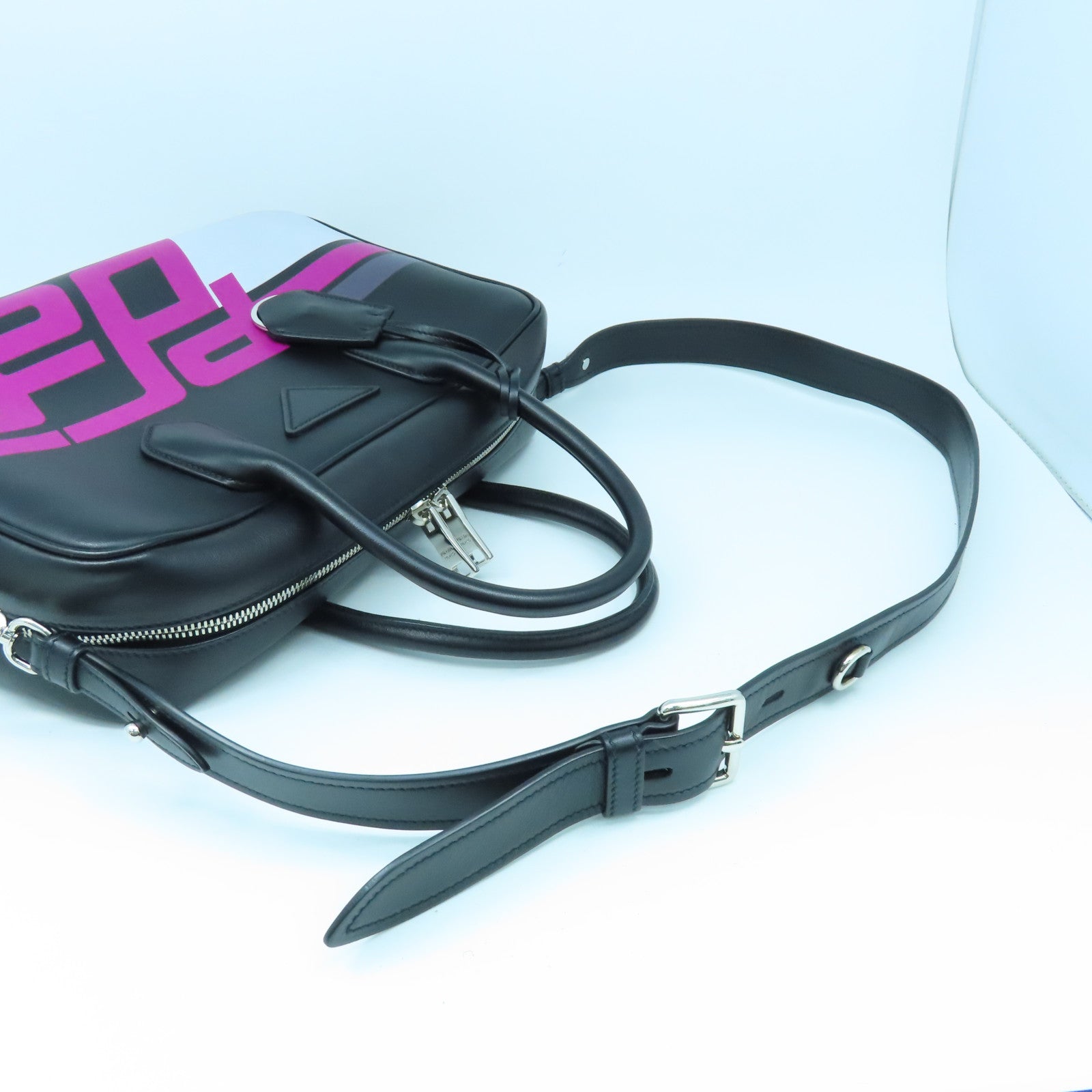 PRADA cowhide leather 2Way Bag silver buckle handle shoulder bag black