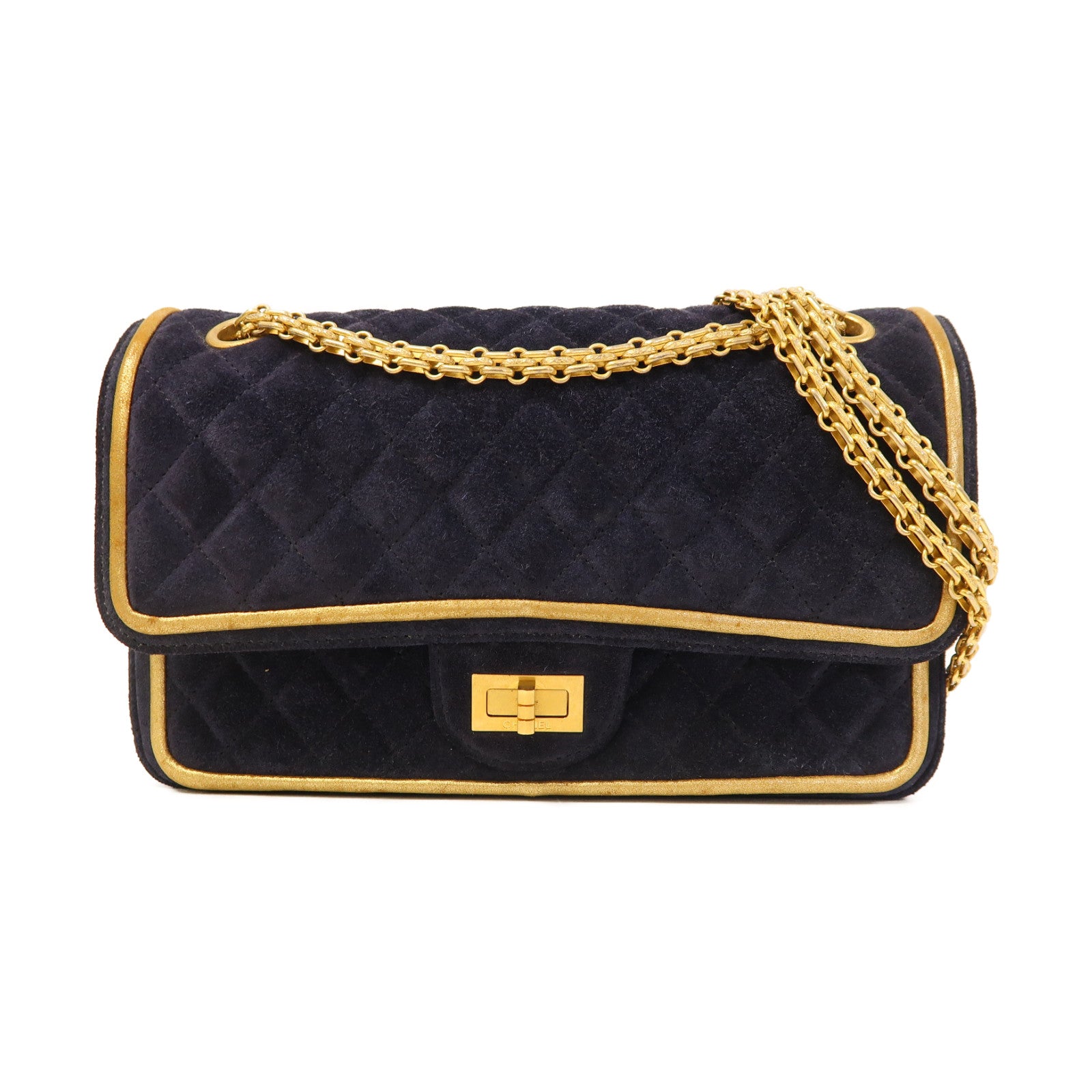 CHANEL 菱格麂皮皮革2.55金扣鏈帶肩背袋藍色
