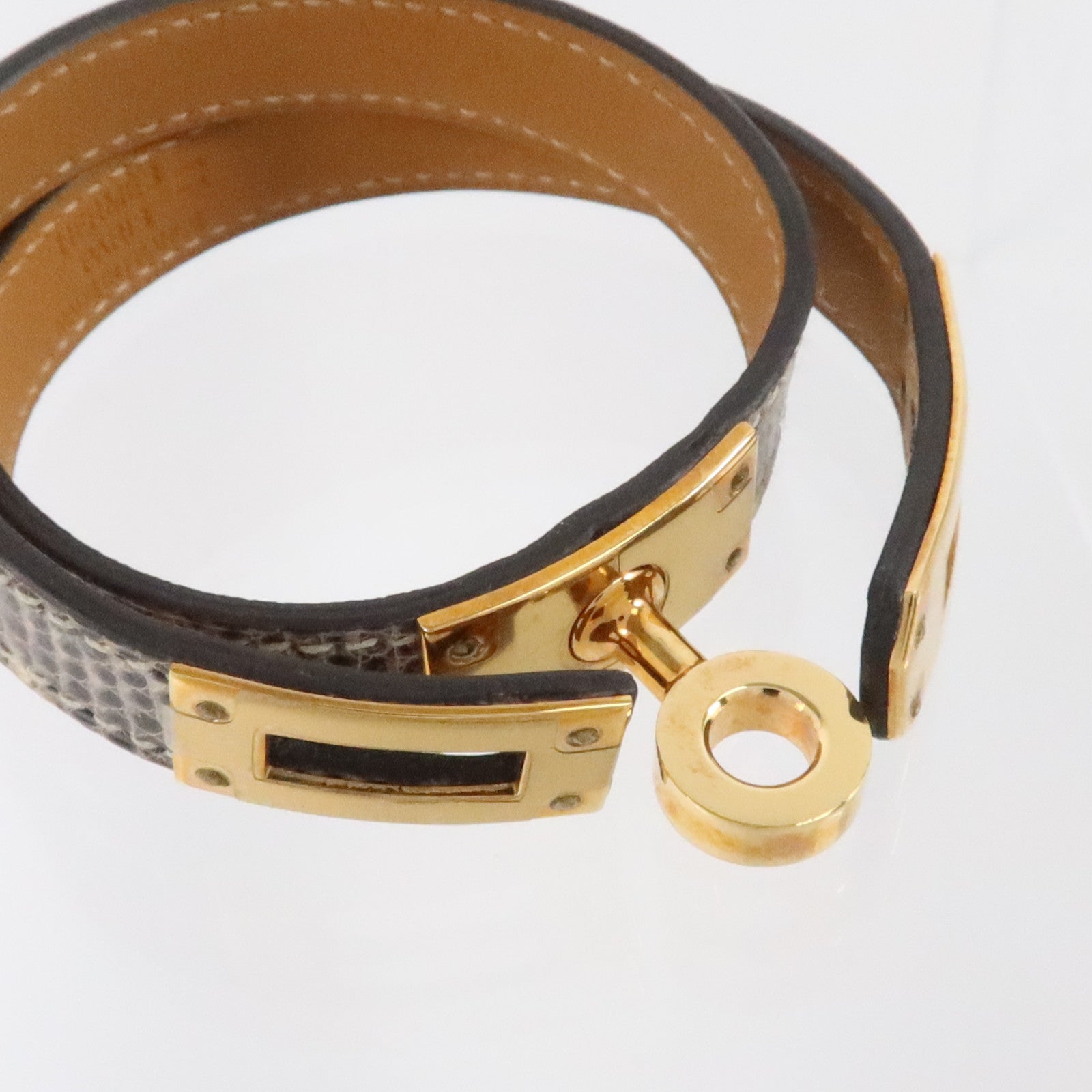 HERMES 蜥蜴皮革Kelly Double Tour Bracelet金扣手鏈Natura
