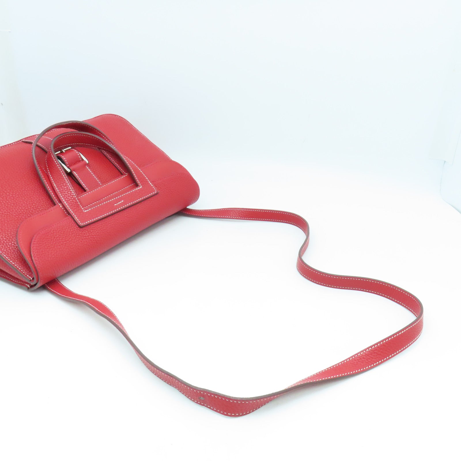 HERMES Clemence皮革Halzan 31 2Way Shoulder银扣手挽肩背两用袋Rouge Casaque红色
