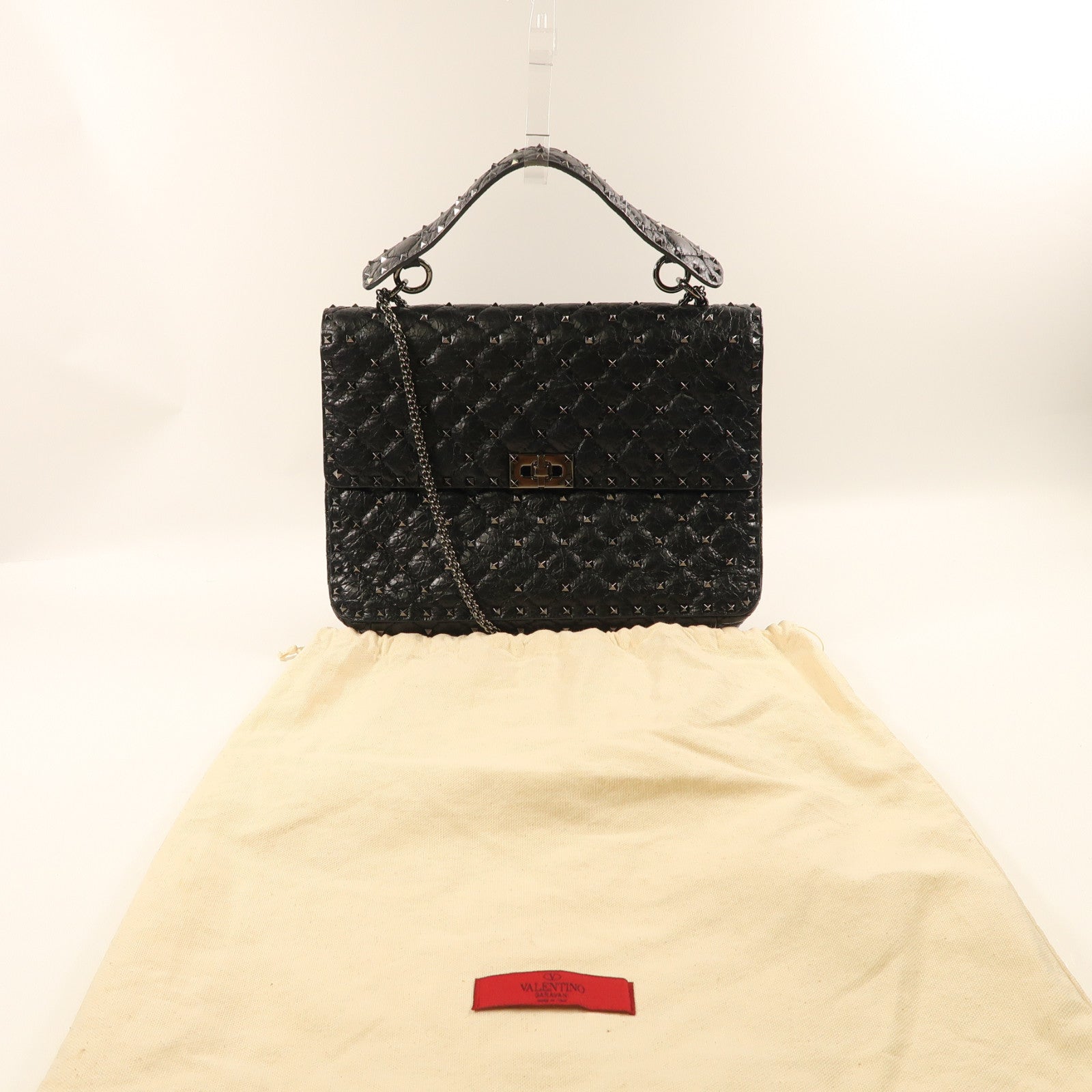 Valentino 牛皮皮革2 Way Shoulder銀扣手挽肩背兩用袋黑色