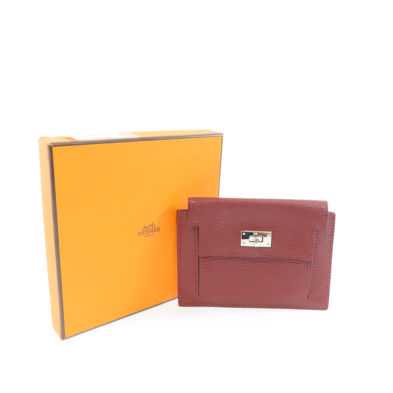 HERMES 【激減優惠】Chevre皮革Kelly Pocket銀扣錢包酒紅色