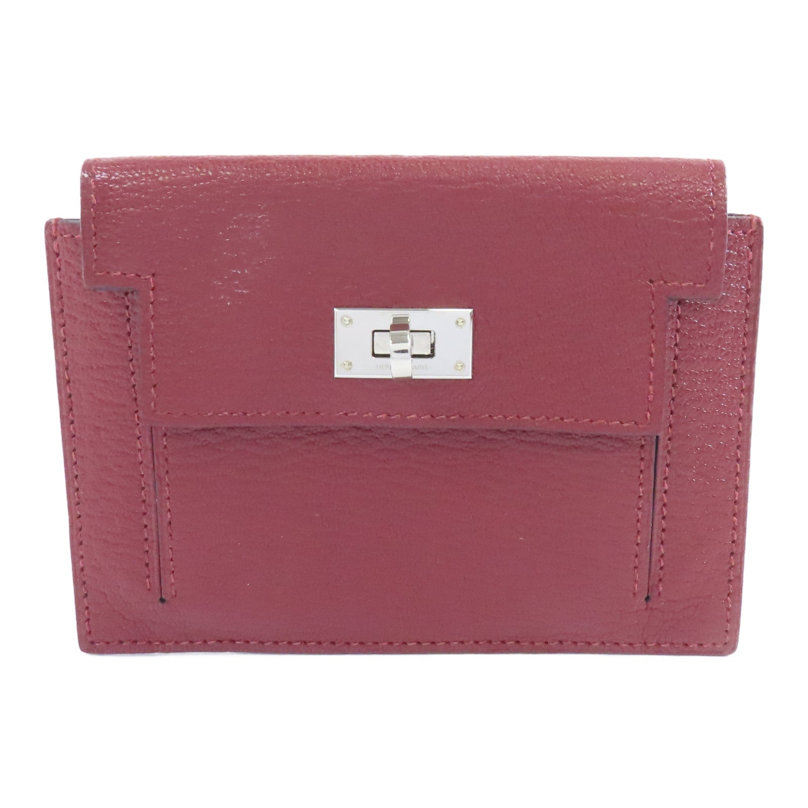 HERMES 【激減優惠】Chevre皮革Kelly Pocket銀扣錢包酒紅色