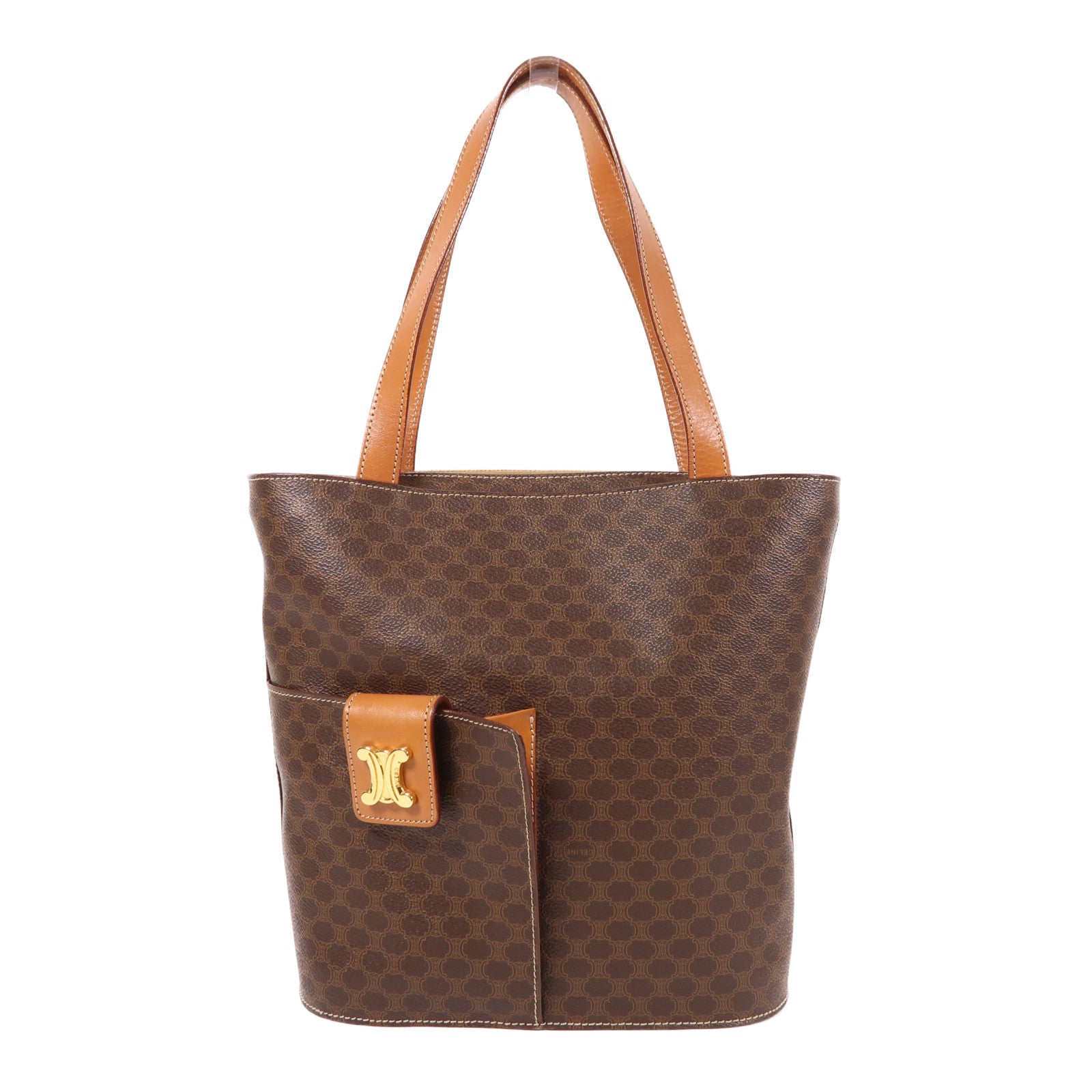 CELINE 塗層帆布Macadam Tote Bag金扣肩背袋棕色